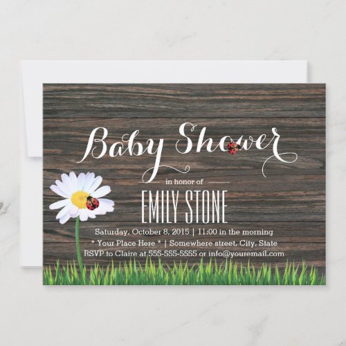 Baby Shower Cute Daisy  Ladybugs Elegant Wood Invitation