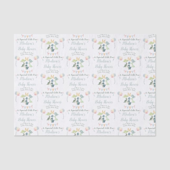 Baby Shower Cute Dinosaur Mom Name Blue Tissue Paper (Front)
