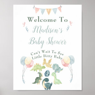 Baby Shower Cute Dinosaur Mom Name Blue Welcome Poster