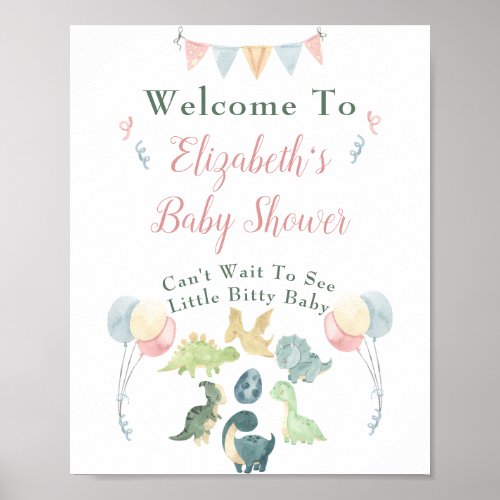 Baby Shower Cute Dinosaur Mom Name Pink Welcome Poster