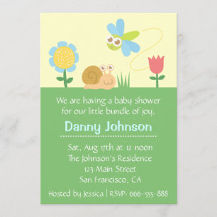 Baby Shower: Cute Dragonfly & Snail in a garden Invitation