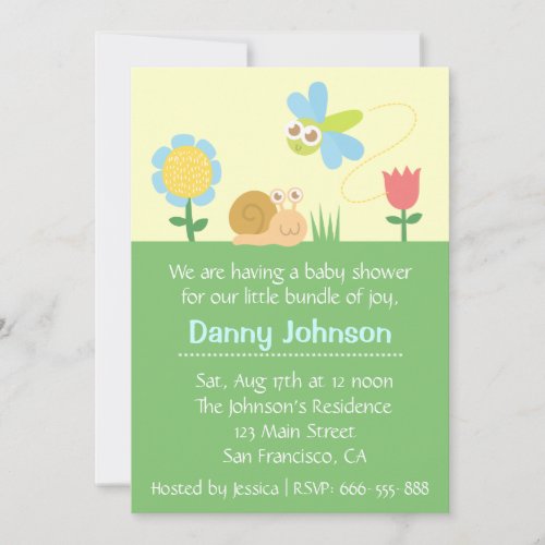 Baby Shower: Cute Dragonfly &amp; Snail in a garden Personalized Announcements