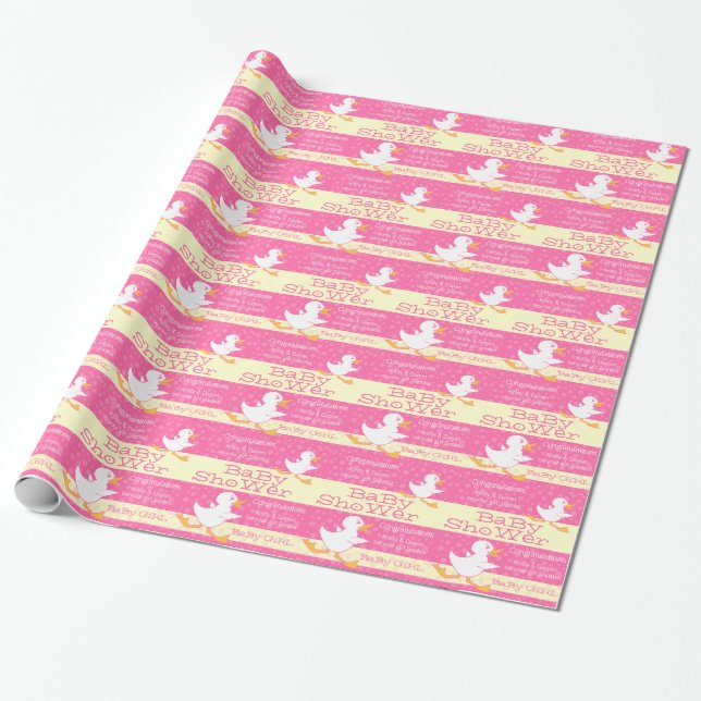 Baby Shower cute duck pink custom wrapping Paper (Unrolled)