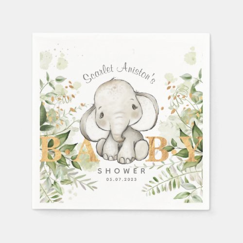 Baby Shower Cute Elephant Greenery Napkins