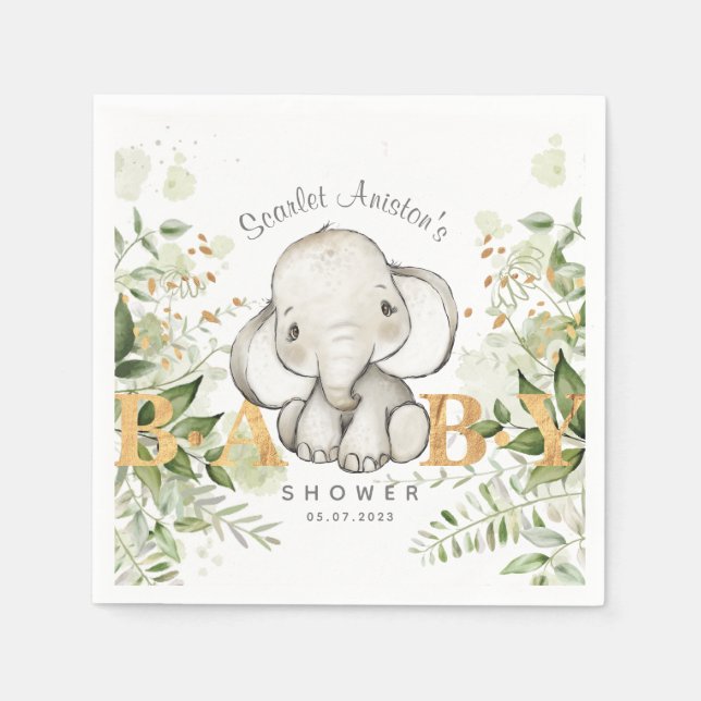 Baby Shower Cute Elephant Greenery Napkins (Front)