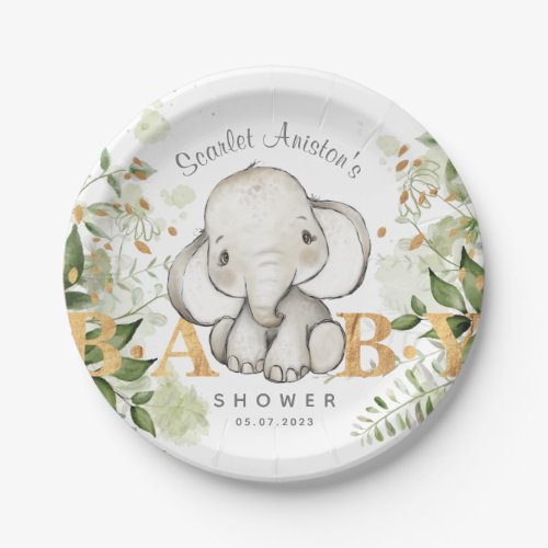 Baby Shower Cute Elephant Greenery Paper Plates