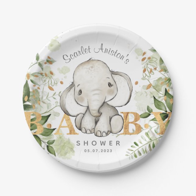 Baby Shower Cute Elephant Greenery Paper Plates (Front)