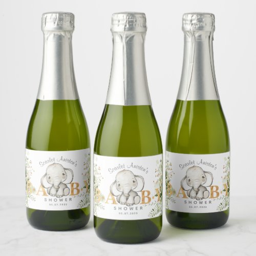 Baby Shower Cute Elephant Greenery Sparkling Wine Label