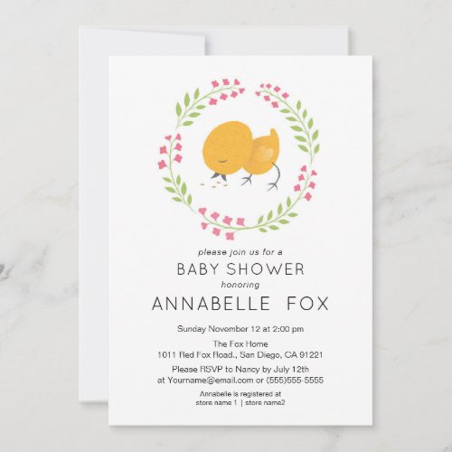 Baby Shower Cute Fluffy Yellow Chick Floral Wreath Invitation