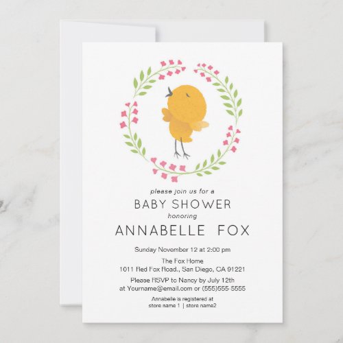 Baby Shower Cute Fluffy Yellow Chick Floral Wreath Invitation