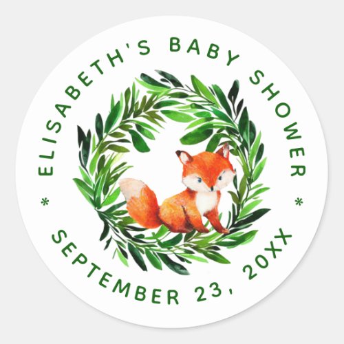 Baby Shower Cute Fox Watercolor Greenery Wreath  Classic Round Sticker