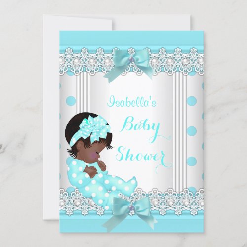Baby Shower Cute Girl Teal White Polka Dot Ethnic Invitation