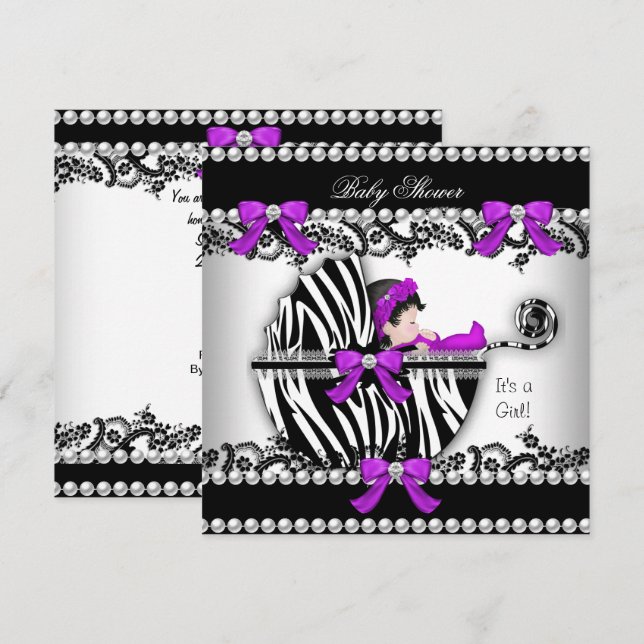 Baby Shower Cute Girl Zebra Pram Pearl 3 Invitation (Front/Back)