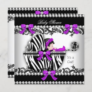 Baby Shower Cute Girl Zebra Pram Pearl 3 Invitation