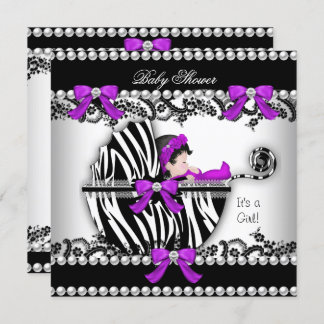 Baby Shower Cute Girl Zebra Pram Pearl 3 Invitation