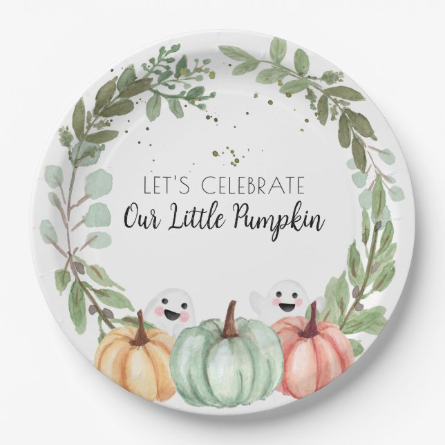Baby Shower Cute halloween watercolor pumpkin  Paper Plates (Front)