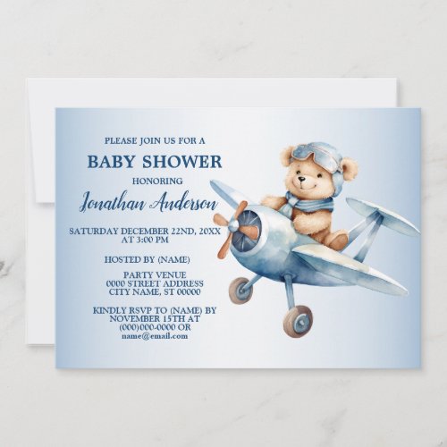 Baby Shower Cute Happy Blue Bear Pilot Beautiful Invitation