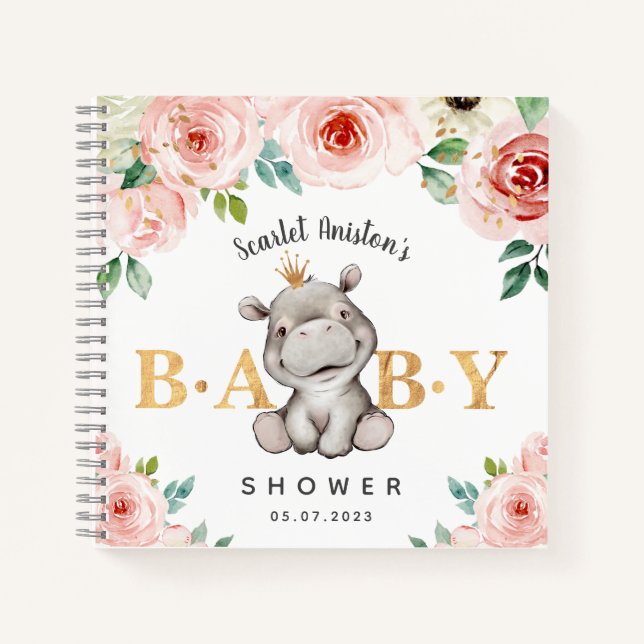 Baby Shower Cute Hippo Floral Guest Book (Front)