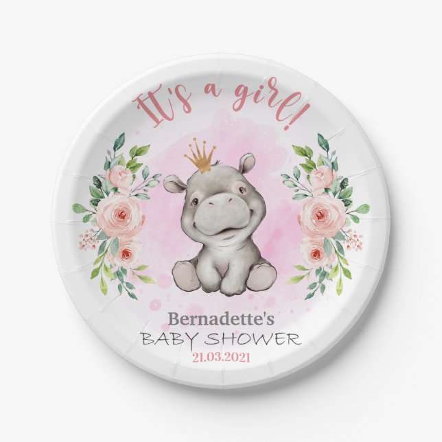 Baby Shower Cute Hippo Paper Plate (Front)