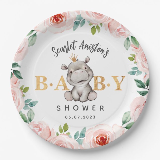 Baby Shower Cute Hippopotamus Paper Plates (Front)