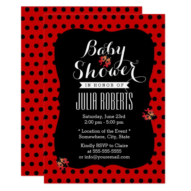 Baby Shower Cute Ladybugs Black & Red Dots Invitation