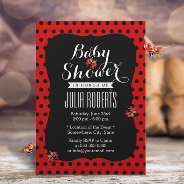 Baby Shower Cute Ladybugs Black & Red Dots Invitation