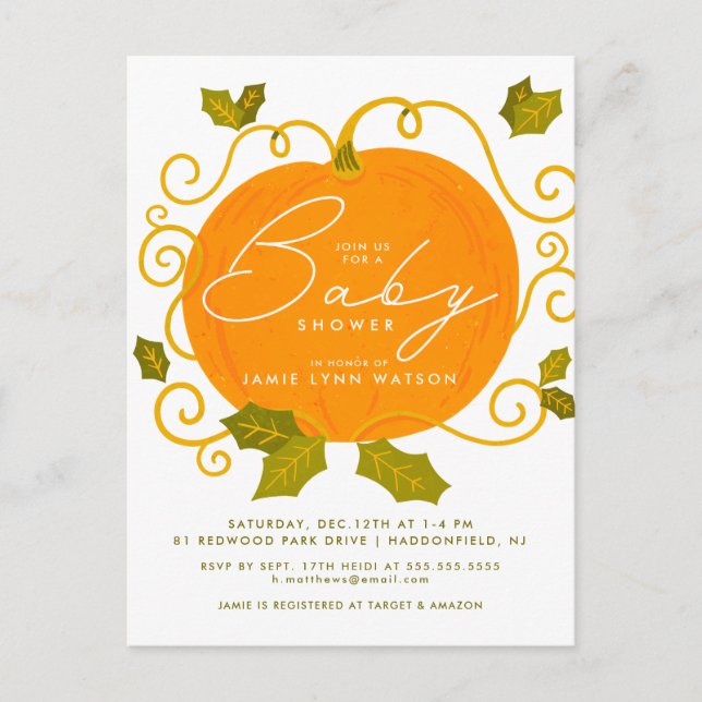 BABY SHOWER | Cute Little Pumpkin Invitation Postcard (Front)