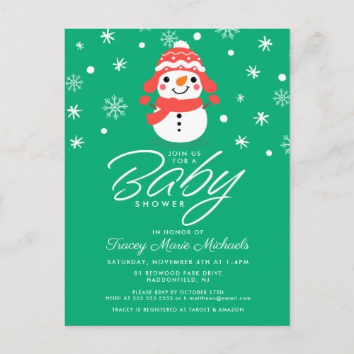 BABY SHOWER  Cute Little Snowman Invitation Postcard