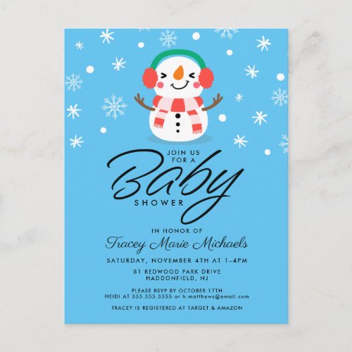 BABY SHOWER  Cute Little Snowman Invitation Postcard
