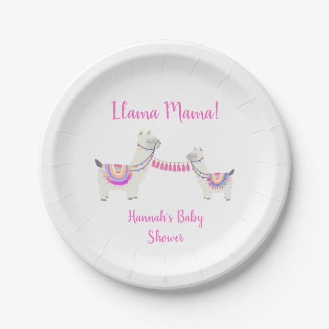 Baby Shower Cute Llama Mama Hot Pink and White Paper Plates (Front)