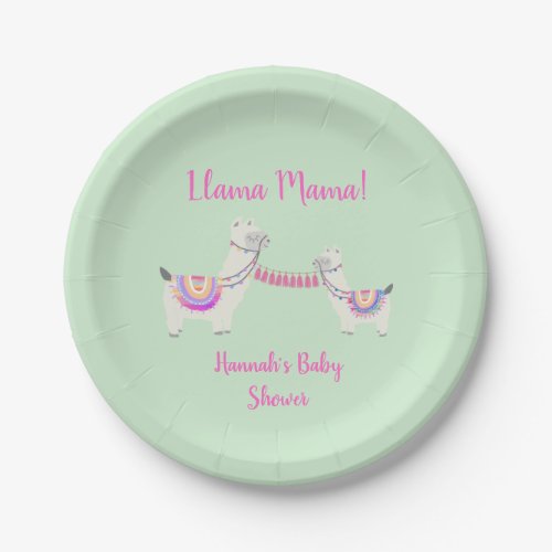 Baby Shower Cute Llama Mama Hot Pink Mint Green Paper Plates