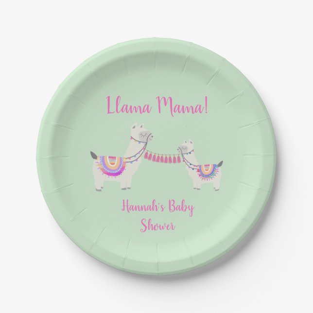 Baby Shower Cute Llama Mama Hot Pink Mint Green Paper Plates (Front)