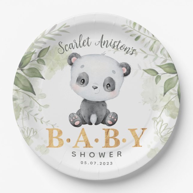 Baby Shower Cute Panda Eucalipt Greenery Paper Plates (Front)