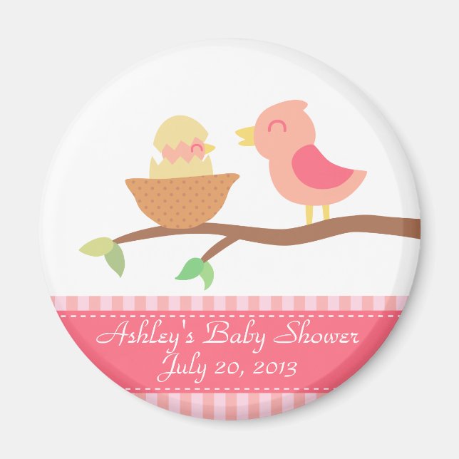 Baby Shower: Cute pink bird with just hatched baby Magnet (Front)
