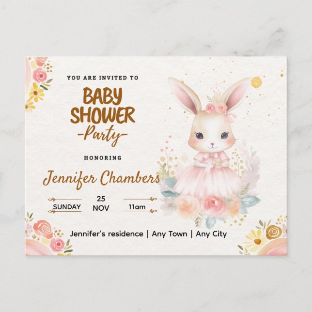 Baby Shower - Cute Pink Bunny. Editable Postcard (Front)