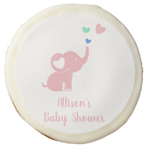 Baby Shower Cute Pink Girl Elephant Hearts Sugar Cookie