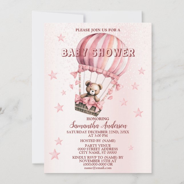 Baby Shower Cute Pink Teddy Bear Hot Air Balloon Invitation (Front)