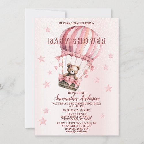 Baby Shower Cute Pink Teddy Bear Hot Air Balloon Invitation