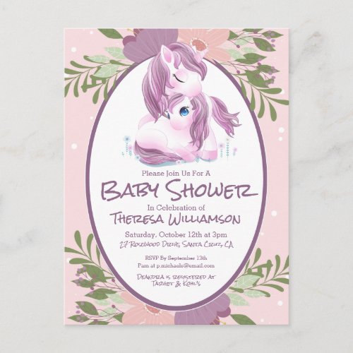 Baby Shower  Cute Purple Unicorn Invitation Postc Postcard