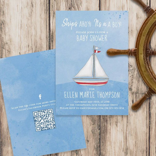 Baby Shower Cute Sailboat QR Code Social Media Invitation (Creator Uploaded)
