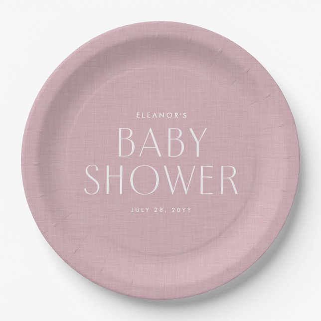 Baby shower cute simple pink linen effect paper plates (Front)