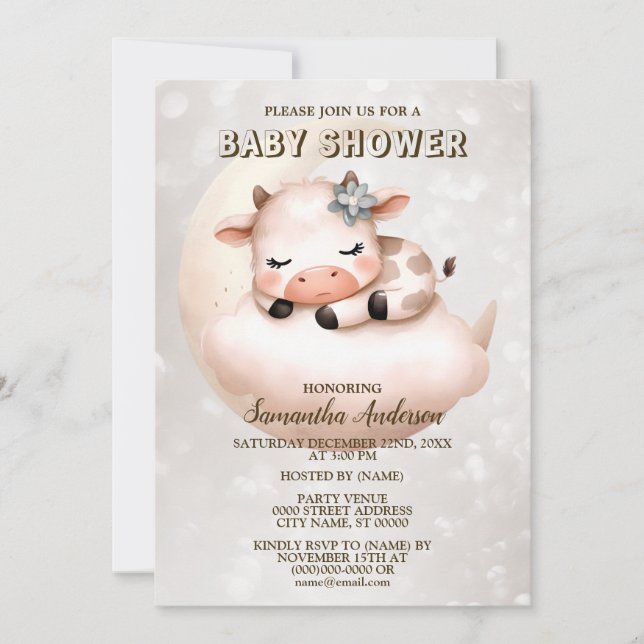 Baby Shower Cute Sleeping Baby Calf Animal Invitation (Front)