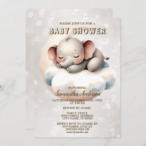 Baby Shower Cute Sleeping Baby Elephant Beautiful Invitation