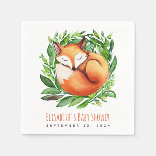 Baby Shower Cute Sleeping Fox Watercolor Woodland  Napkins