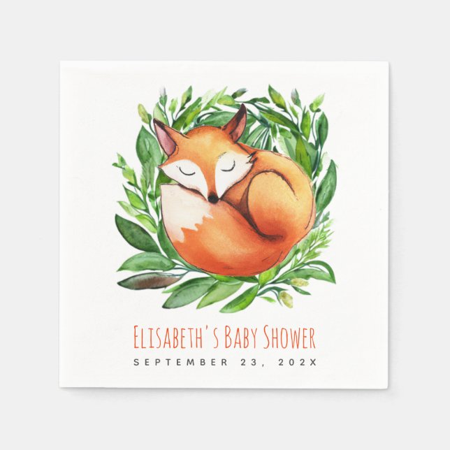 Baby Shower Cute Sleeping Fox Watercolor Woodland  Napkins (Front)