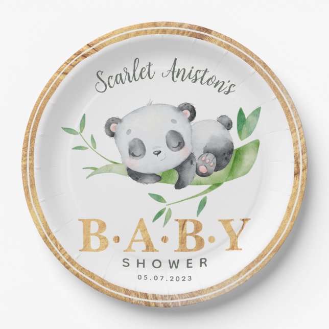 Baby Shower Cute Sleeping Panda Greenery Paper Plates (Front)