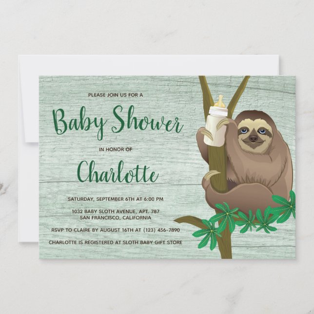 Baby Shower Cute Sloth Rustic Green Wood Photo Invitation (Front)