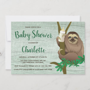 Baby Shower Cute Sloth Rustic Green Wood Photo Invitation
