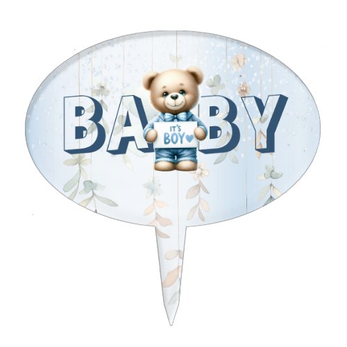 Baby Shower Cute Teddy Bear Blue Floral Beautiful Cake Topper