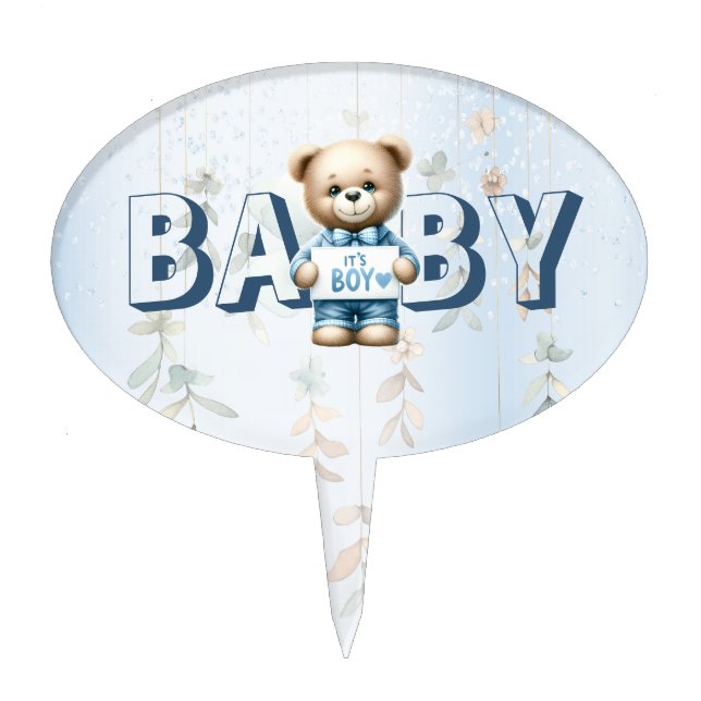 Baby Shower Cute Teddy Bear Blue Floral Beautiful Cake Topper (Front)